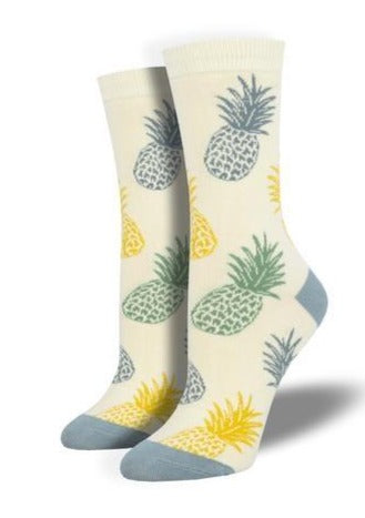 White with Pineapples. Soft, Breathable, Moisture Wicking, Antibacterial, Hypoallergenic, Amazing Socks! One Size Fits Most (Women's 5-11) Fabrication: 66% Rayon from Bamboo, 32% Nylon, 2% Spandex SockSmith white $20.00
