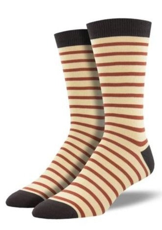 Tan with Brown Stripes. Soft, Breathable, Moisture Wicking, Antibacterial, Hypoallergenic, Amazing Socks! One Size Fits Most (Men's 7-13) Fabrication: 66% Rayon from Bamboo, 32% Nylon, 2% Spandex SockSmith $22.00