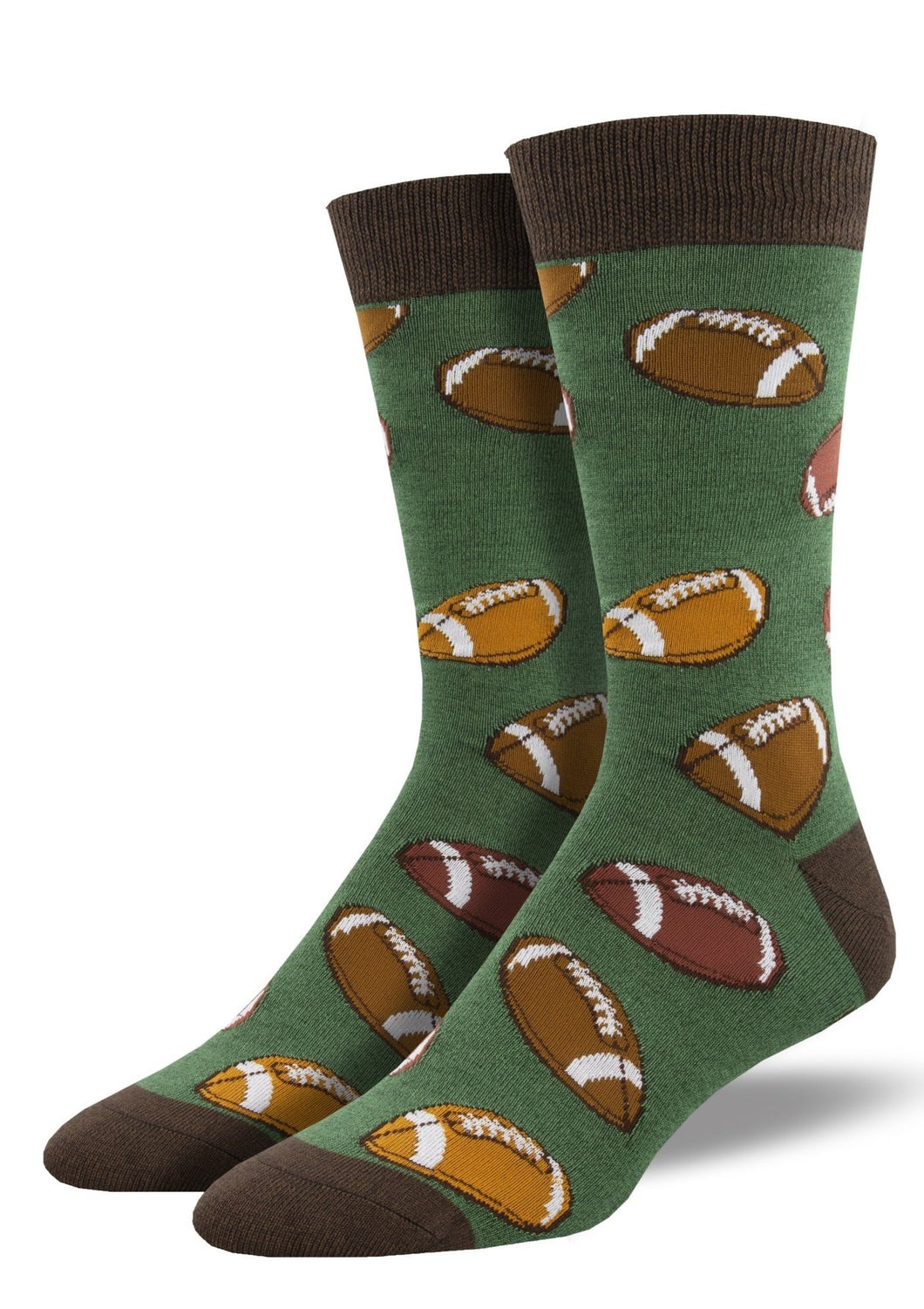 Green with Footballs.  Soft, Breathable, Moisture Wicking, Antibacterial, Hypoallergenic, Amazing Socks! One Size Fits Most (Men's 7-13) Fabrication: 66% Rayon from Bamboo, 32% Nylon, 2% Spandex SockSmith $22.00