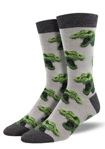 Grey with Dinosaur Heads. Soft, Breathable, Moisture Wicking, Antibacterial, Hypoallergenic, Amazing Socks! One Size Fits Most (Men's 7-13) Fabrication: 66% Rayon from Bamboo, 32% Nylon, 2% Spandex SockSmith $22.00 