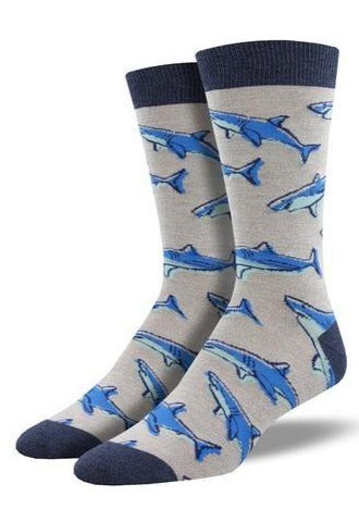 Grey Heather with Sharks. Soft, Breathable, Moisture Wicking, Antibacterial, Hypoallergenic, Amazing Socks! One Size Fits Most (Men's 7-13) Fabrication: 66% Rayon from Bamboo, 32% Nylon, 2% Spandex SockSmith $22.00