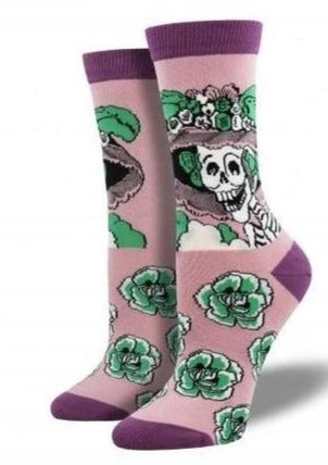 Lilac Purple with Catrina the Skeleton and Flowers. Soft, Breathable, Moisture Wicking, Antibacterial, Hypoallergenic, Amazing Socks! One Size Fits Most (Women's 5-11) Fabrication: 66% Rayon from Bamboo, 32% Nylon, 2% Spandex SockSmith $20.00