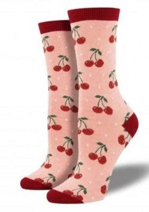 Blush Pink with Cherries. Soft, Breathable, Moisture Wicking, Antibacterial, Hypoallergenic, Amazing Socks! One Size Fits Most (Women's 5-11) Fabrication: 66% Rayon from Bamboo, 32% Nylon, 2% Spandex SockSmith $20.00