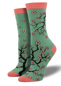 Jade Green with Cherry Blossom Trees. Soft, Breathable, Moisture Wicking, Antibacterial, Hypoallergenic, Amazing Socks! One Size Fits Most (Women's 5-11) Fabrication: 66% Rayon from Bamboo, 32% Nylon, 2% Spandex SockSmith $20.00