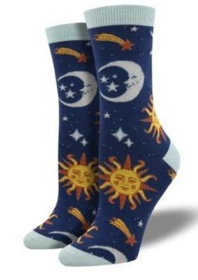 Navy Blue with Suns, Moons and Stars. Soft, Breathable, Moisture Wicking, Antibacterial, Hypoallergenic, Amazing Socks! One Size Fits Most (Women's 5-11) Fabrication: 66% Rayon from Bamboo, 32% Nylon, 2% Spandex SockSmith $20.00