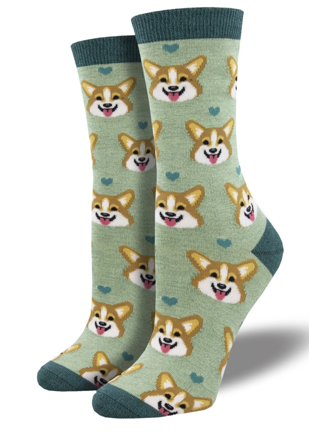 Heather Green with Corgi Heads. Soft, Breathable, Moisture Wicking, Antibacterial, Hypoallergenic, Amazing Socks! One Size Fits Most (Women's 5-11) Fabrication: 66% Rayon from Bamboo, 32% Nylon, 2% Spandex SockSmith $20.00