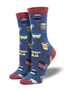 Blue with Coffee Mugs. Soft, Breathable, Moisture Wicking, Antibacterial, Hypoallergenic, Amazing Socks! One Size Fits Most (Women's 5-11) Fabrication: 66% Rayon from Bamboo, 32% Nylon, 2% Spandex SockSmith $20.00