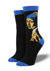 Black with Girl with a Pearl Earring Art. Soft, Breathable, Moisture Wicking, Antibacterial, Hypoallergenic, Amazing Socks! One Size Fits Most ( Men's 7-13) (Women's 5-11) Fabrication: 66% Rayon from Bamboo, 32% Nylon, 2% Spandex SockSmith black W-$20.00 M-$22.00