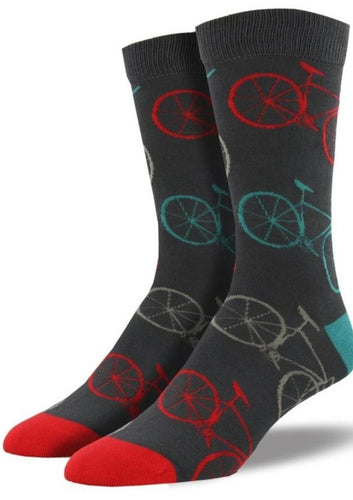 Grey with Bicycles. Soft, Breathable, Moisture Wicking, Antibacterial, Hypoallergenic, Amazing Socks! One Size Fits Most (Men's 7-13) Fabrication: 66% Rayon from Bamboo, 32% Nylon, 2% Spandex SockSmith $22.00