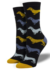 Brown with Dachshunds. Soft, Breathable, Moisture Wicking, Antibacterial, Hypoallergenic, Amazing Socks! One Size Fits Most (Men's 7-13) Fabrication: 66% Rayon from Bamboo, 32% Nylon, 2% Spandex SockSmith $22.00
