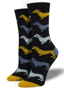 Black with Dachshunds. ft, Breathable, Moisture Wicking, Antibacterial, Hypoallergenic, Amazing Socks! One Size Fits Most (Women's 5-11) Fabrication: 66% Rayon from Bamboo, 32% Nylon, 2% Spandex SockSmith black $20.00