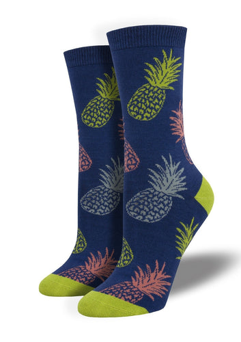 Blue with Pineapples. Soft, Breathable, Moisture Wicking, Antibacterial, Hypoallergenic, Amazing Socks! One Size Fits Most (Women's 5-11) Fabrication: 66% Rayon from Bamboo, 32% Nylon, 2% Spandex SockSmith blue $20.00