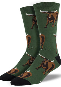 Green with Bulls. Soft, Breathable, Moisture Wicking, Antibacterial, Hypoallergenic, Amazing Socks! One Size Fits Most (Men's 7-13) Fabrication: 66% Rayon from Bamboo, 32% Nylon, 2% Spandex SockSmith $22.00