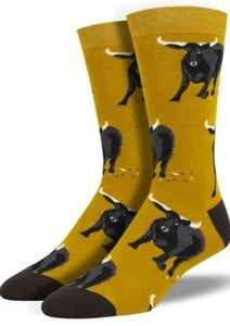 Yellow with Bulls. oft, Breathable, Moisture Wicking, Antibacterial, Hypoallergenic, Amazing Socks! One Size Fits Most (Men's 7-13) Fabrication: 66% Rayon from Bamboo, 32% Nylon, 2% Spandex SockSmith $22.00