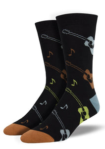 Black with Guitars. Soft, Breathable, Moisture Wicking, Antibacterial, Hypoallergenic, Amazing Socks! One Size Fits Most ( Men's 7-13) (Women's 5-11) Fabrication: 66% Rayon from Bamboo, 32% Nylon, 2% Spandex SockSmith black W-$20.00 M-$22.00