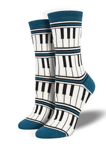 Blue with Piano Keys. Soft, Breathable, Moisture Wicking, Antibacterial, Hypoallergenic, Amazing Socks! One Size Fits Most ( Men's 7-13) (Women's 5-11) Fabrication: 66% Rayon from Bamboo, 32% Nylon, 2% Spandex SockSmith blue W-$20.00 M-$22.00