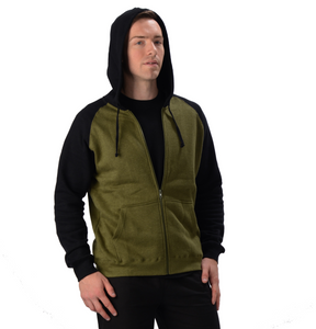 The David 2 Tone Hoodie is a full-zip hoodie, with raglan seams and ribbed cuffs and hem. It has pouch like pockets on both sides and a drawstring hood, great for the cooler weather. Fabrication: 55% Hemp 45% Organic Cotton -Fleece Eco-Essentials Colour Olive and Black $95.00