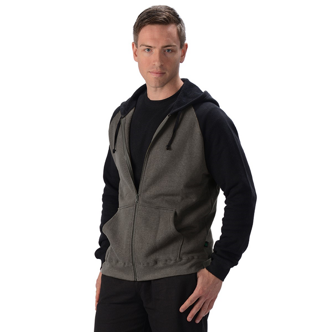 The David 2 Tone Hoodie is a full-zip hoodie, with raglan seams and ribbed cuffs and hem. It has pouch like pockets on both sides and a drawstring hood, great for the cooler weather. Fabrication: 55% Hemp 45% Organic Cotton -Fleece Eco-Essentials Colour Charcoal/Black