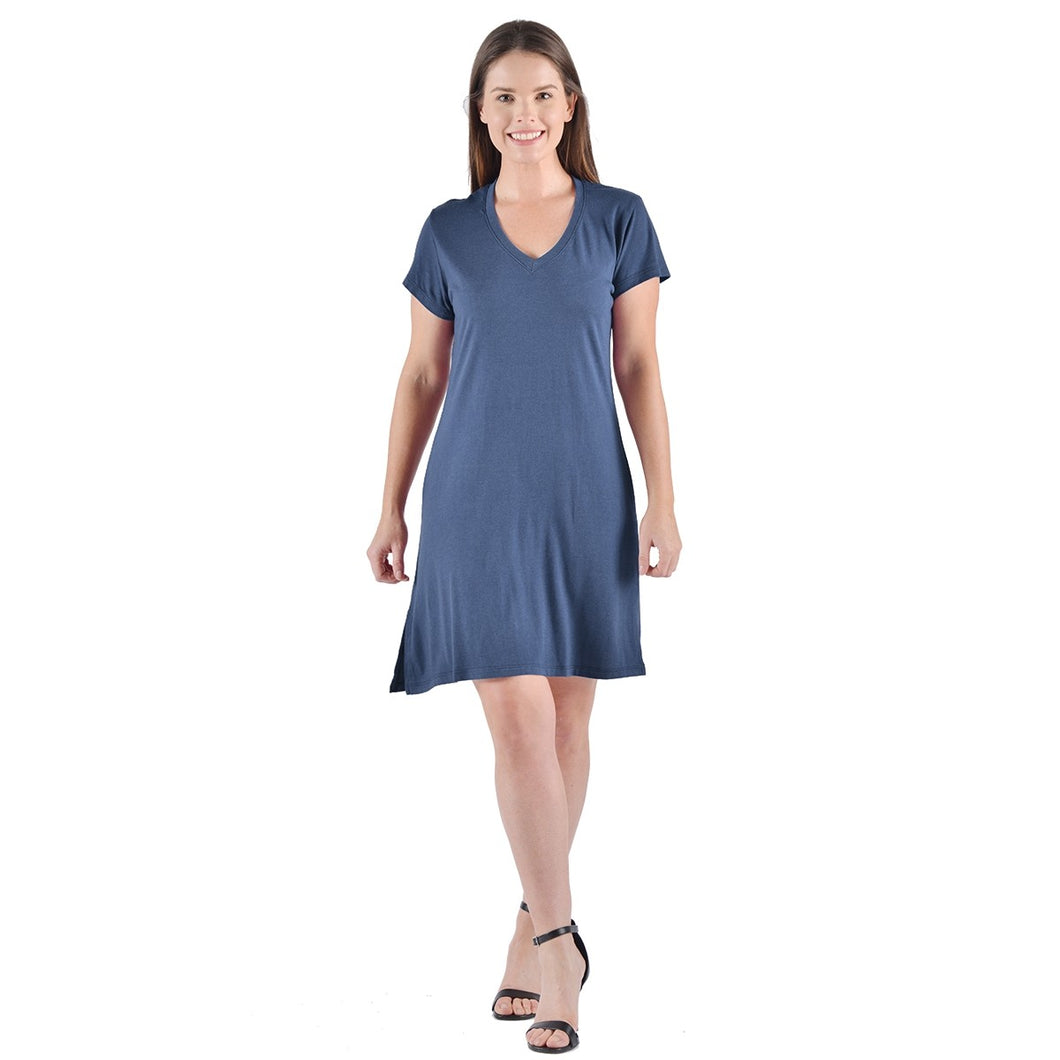 Cuddle into our soft, comfy Bamboo Barb Night Shirt. Cozy and relaxing, with a  V-neckline, flattering fit and side seam splits for easy movement. You will love our Barb Night Shirt.   Proudly made in Canada  Fabrication: 70% Rayon from Bamboo, 30% Organic Cotton  Eco-Essentials Colour Blue $50.00