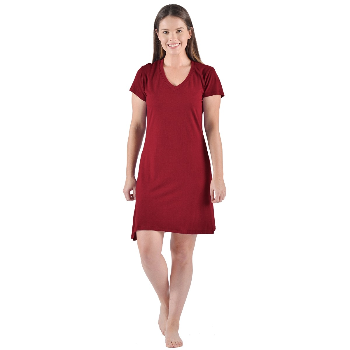 Cuddle into our soft, comfy Bamboo Barb Night Shirt. Cozy and relaxing, with a  V-neckline, flattering fit and side seam splits for easy movement. You will love our Barb Night Shirt.   Proudly made in Canada  Fabrication: 70% Rayon from Bamboo, 30% Organic Cotton  Eco-Essentials $50.00