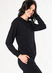 The Ashley zip-up hoodie is perfect for lounging at home or for running errands. Crafted with organic viscose from bamboo french terry that’s breathable and soft. Pair this with the matching Julie Zipped Pocket Jogger for even more comfort.  Fabrication: 95% Viscose from Bamboo 5% Spandex $125.00 Black
