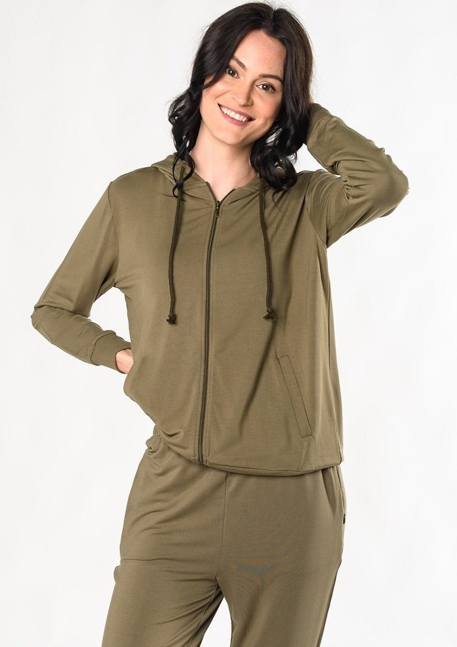 The Ashley zip-up hoodie is perfect for lounging at home or for running errands. Crafted with organic viscose from bamboo french terry that’s breathable and soft. Pair this with the matching Julie Zipped Pocket Jogger for even more comfort.  Fabrication: 95% Viscose from Bamboo 5% Spandex $125.00 Moss Green
