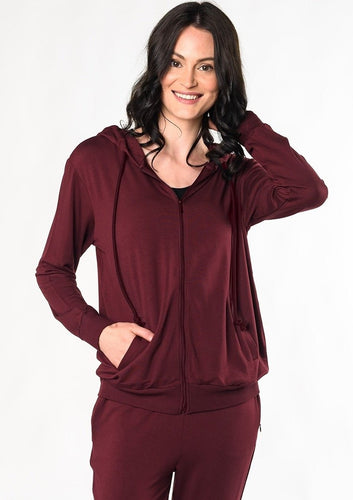The Ashley zip-up hoodie is perfect for lounging at home or for running errands. Crafted with organic viscose from bamboo french terry that’s breathable and soft. Pair this with the matching Julie Zipped Pocket Jogger for even more comfort.  Fabrication: 95% Viscose from Bamboo 5% Spandex $125.00 Wine Red