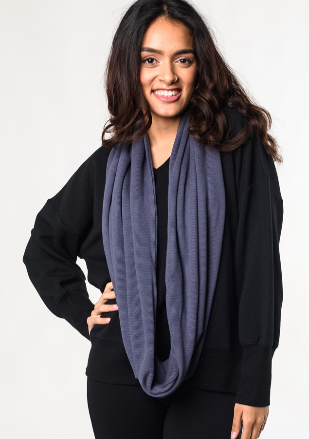 The Terrera Infinity Scarf in Anchor Blue is a plush and cozy sustainable waffle scarf. It is a compliment to all your layering needs.  Fabrication: 68% Viscose from bamboo, 28% cotton 4% Spandex  $35.00 colour anchor blue