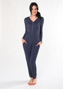 Featuring our new sustainable waffle fabric that’s ultra-comfortable and cozy to lounge in. This set comes with a stretchy and soft waffle henley top and matching pull-on bottoms. Fabrication: 68% Viscose from bamboo, 28% cotton 4% spandex $135.00 anchor blue