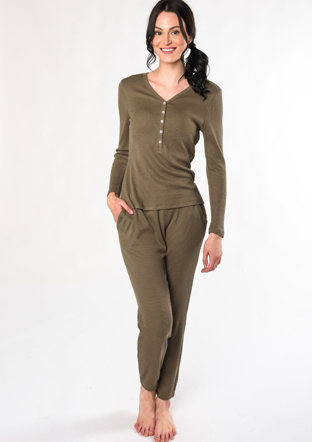 Featuring our new sustainable waffle fabric that’s ultra-comfortable and cozy to lounge in. This set comes with a stretchy and soft waffle henley top and matching pull-on bottoms. Fabrication: 68% Viscose from bamboo, 28% cotton 4% spandex $135.00 moss green