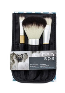 Glow on the go with the Beautiful Bamboo Brush Kit. Brush on a beautiful face anywhere. Our vegan fibre brushes are perfect for the bathroom, boardroom or your backpack. Kit includes blush & powder brush, foundation & concealer, brush, eye shadow brush, and travel case.  Perfect for travel. To apply makeup on complexion and eyes. Eco-friendly materials. $25.00