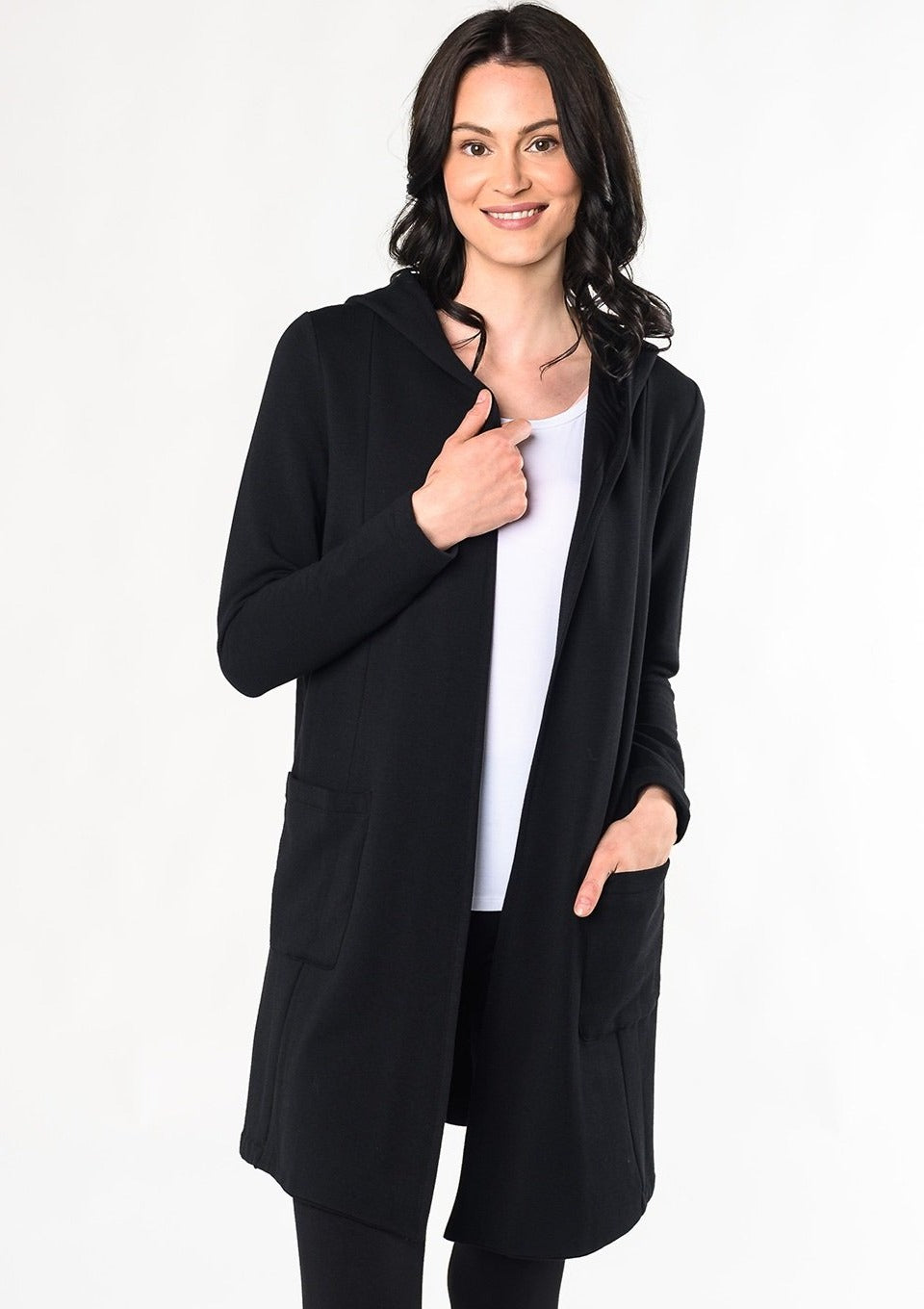 An easy open-front cardigan for every-day layering. Made with a cozy-soft organic fleece that feels like a warm hug on the body. Fabrication: 66% Viscose from Bamboo, 28% Cotton, 6% Spandex $135.00 black