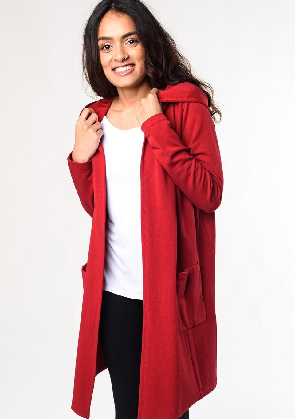 An easy open-front cardigan for every-day layering. Made with a cozy-soft organic fleece that feels like a warm hug on the body. Fabrication: 66% Viscose from Bamboo, 28% Cotton, 6% Spandex $135.00 ruby red