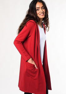 An easy open-front cardigan for every-day layering. Made with a cozy-soft organic fleece that feels like a warm hug on the body. Fabrication: 66% Viscose from Bamboo, 28% Cotton, 6% Spandex $135.00 ruby red
