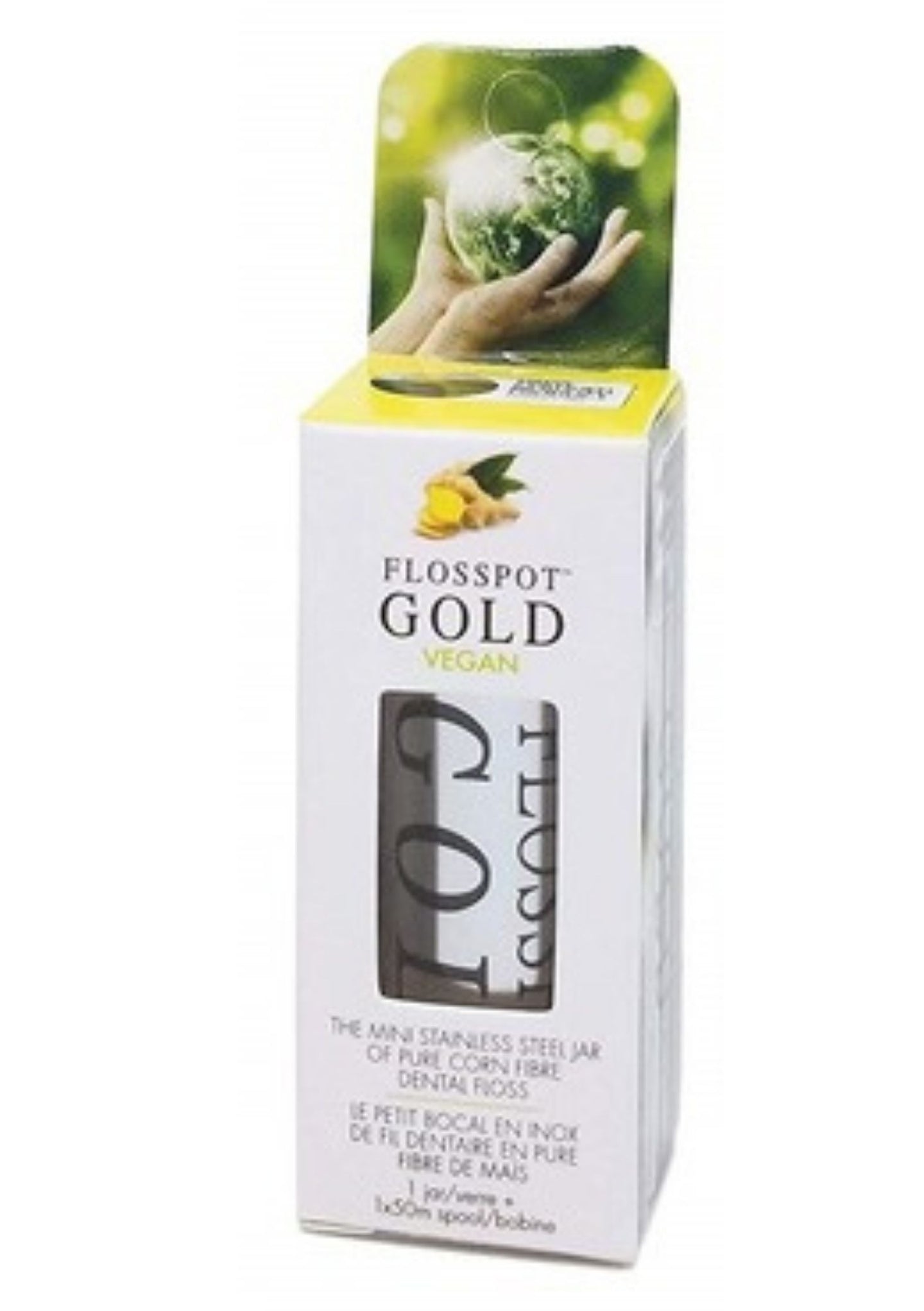 Our plant-sourced PLA floss Flosspot Gold is coated with candelilla wax, flavoured with ginger-mint and packaged with a durable refillable stainless steel jar. Non-toxic stainless is a perfect zero waste refillable container for this vegan-friendly floss.  $15.00