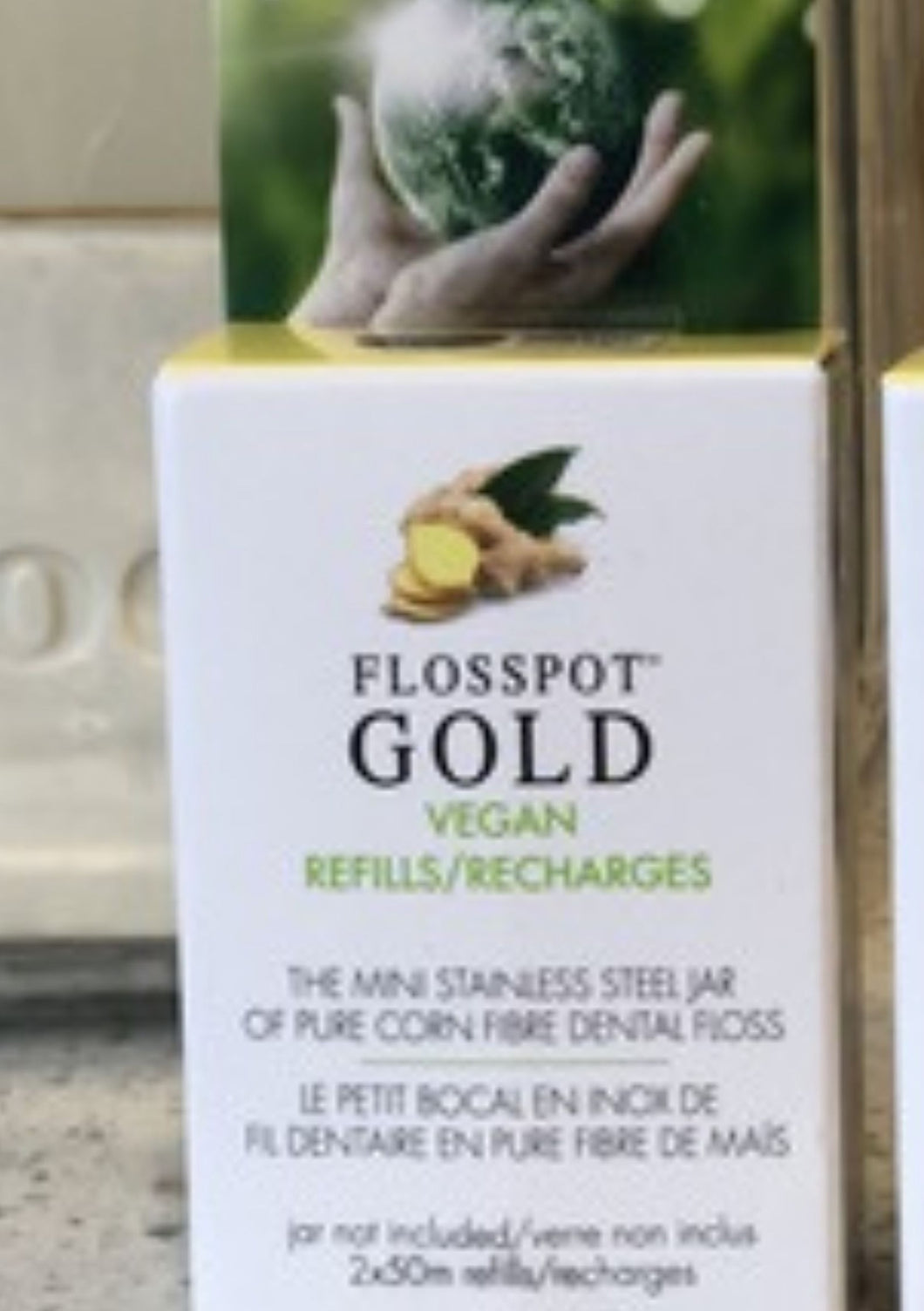 The plant-sourced PLA floss Flosspot Gold is coated with candelilla wax, flavoured with ginger-mint and packaged with a durable refillable stainless steel jar. Non-toxic stainless is a perfect zero waste refillable container for this vegan-friendly floss.  $16.00