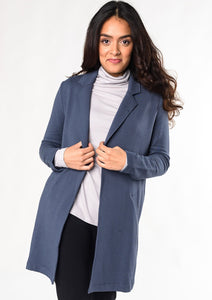 The Meghan Blazer will take you from work to the weekend. This beautifully crafted   open-front blazer with a cozy and warm bamboo fleece fabric that feels as soft as your favorite PJs. This long sleeve sweater blazer with pockets will be your staple piece this season. Fabrication: 66% Viscose from bamboo, 28% Cotton, 6% Spandex TERRERA color anchor blue $135.00