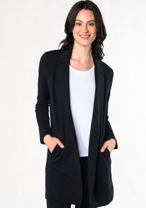 The Meghan Blazer will take you from work to the weekend. This beautifully crafted   open-front blazer with a cozy and warm bamboo fleece fabric that feels as soft as your favorite PJs. This long sleeve sweater blazer with pockets will be your staple piece this season. Fabrication: 66% Viscose from bamboo, 28% Cotton, 6% Spandex TERRERA color anchor blue $135.00