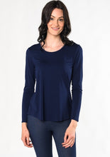 The Melody long sleeve tee has a flattering scoop neck-line and curved high-low hem. This ultra-soft, lightweight basic t-shirt will be a mainstay in your closet for all seasons.  Fabrication: 95% Viscose from Bamboo 5% Spandex $65.00 Ink Blue
