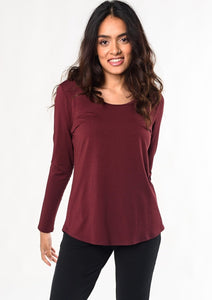 The Melody long sleeve tee has a flattering scoop neck-line and curved high-low hem. This ultra-soft, lightweight basic t-shirt will be a mainstay in your closet for all seasons.  Fabrication: 95% Viscose from Bamboo 5% Spandex $65.00 Wine Red