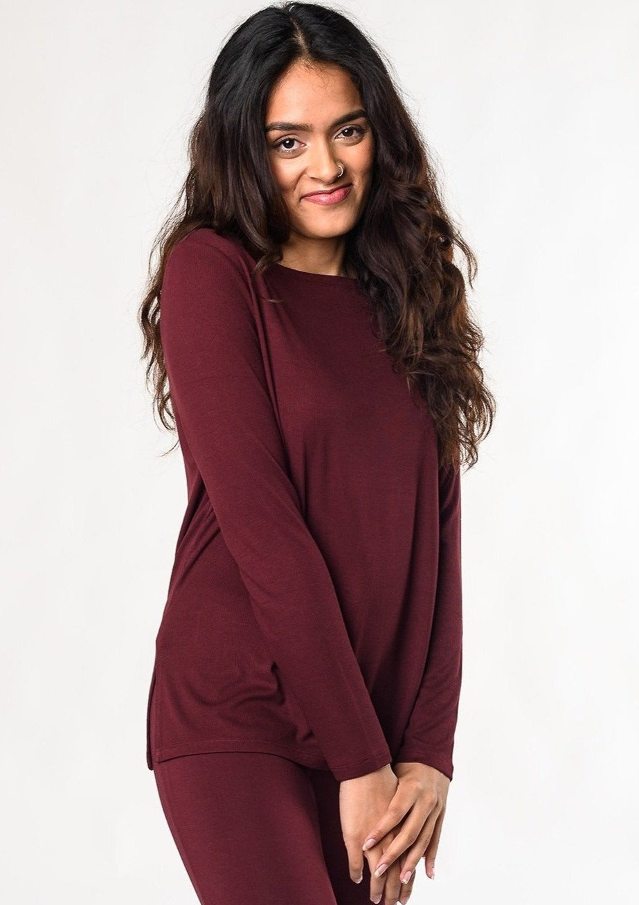 Crafted from Terrera's lightweight signature bamboo jersey, this ribbed long-sleeve bateau top is unbelievably soft and irresistibly comfortable. Fabrication: 95% Viscose from Bamboo 5% Spandex $75.00 Wine Red