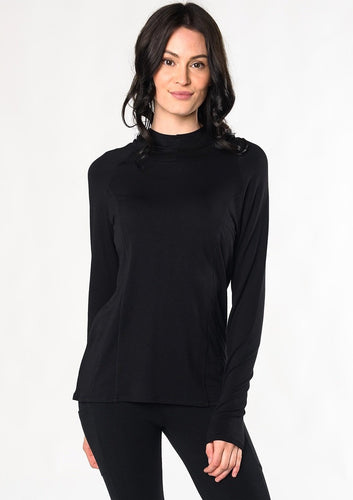 Move freely in this pull-on tunic hoodie. Designed with flattering front-seam details, cascading ruching in the back, and a longer length for hip and bum coverage. Make a match with the Ruched Movement Legging. Fabrication: 95% Viscose from Bamboo 5% Spandex $110.00 black