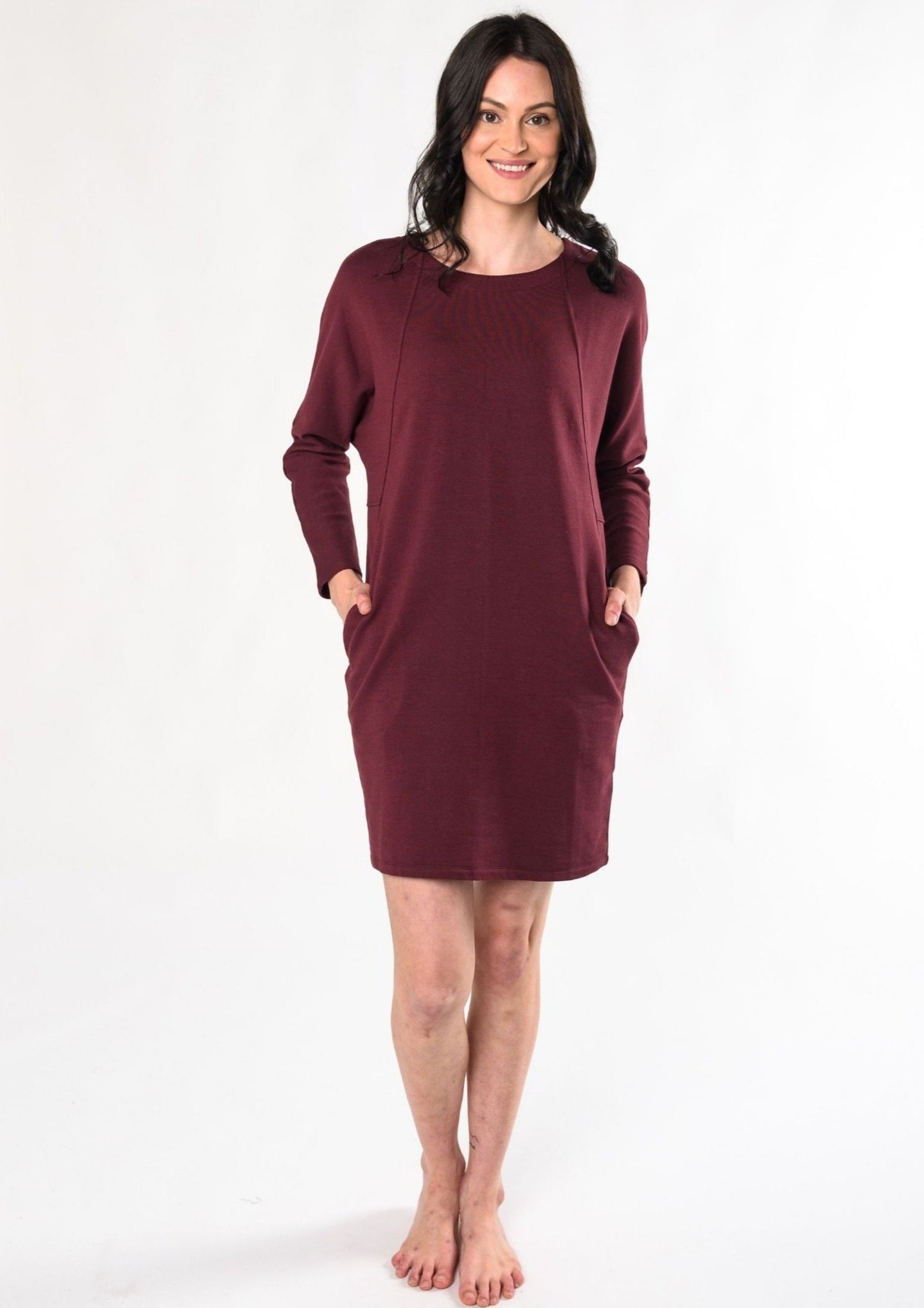 This casual sweatshirt dress pairs well with leggings or on its own with your favourite sneakers. And the best part? It has pockets! Fabrication: 95% Viscose from Bamboo 5% Spandex $115.00  wine red