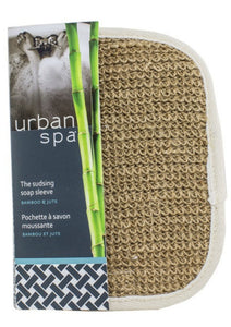 End soap slippage with the Sudsing Soap Sleeve! Put your favourite bar of soap in the palm-sized pocket and never say “where did that soap go?” again. Use the soft bamboo side for cleansing and the jute side for exfoliation.  Made from 100% bamboo and jute. Soft for use on your body. It's also a body exfoliator. $9.00