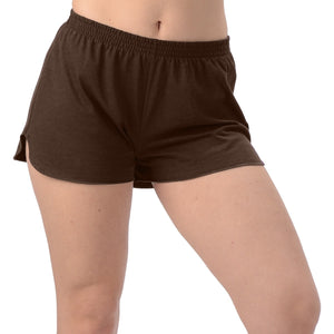 Moira Bamboo Running Shorts are loose comfy fit with elastic waistband and notched cuffs. Made with soft Bamboo jersey, they are luxurious, moisture wicking and breathable. Great for workout, casual or as PJ bottoms, you will LOVE your Moira Bamboo Running Shorts. Proudly made in Canada 70% Rayon from Bamboo, 30% Organic Cotton  ECO-ESSENTIALS $25.00 Cognac Brown