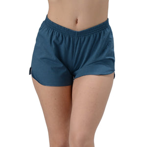 Moira Bamboo Running Shorts are loose comfy fit with elastic waistband and notched cuffs. Made with soft Bamboo jersey, they are luxurious, moisture wicking and breathable. Great for workout, casual or as PJ bottoms, you will LOVE your Moira Bamboo Running Shorts. Proudly made in Canada 70% Rayon from Bamboo, 30% Organic Cotton  ECO-ESSENTIALS Steel Blue $25.00