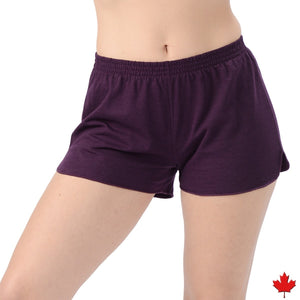 Moira Bamboo Running Shorts are loose comfy fit with elastic waistband and notched cuffs. Made with soft Bamboo jersey, they are luxurious, moisture wicking and breathable. Great for workout, casual or as PJ bottoms, you will LOVE your Moira Bamboo Running Shorts. Proudly made in Canada 70% Rayon from Bamboo, 30% Organic Cotton  ECO-ESSENTIALS $25.00 Plum Purple