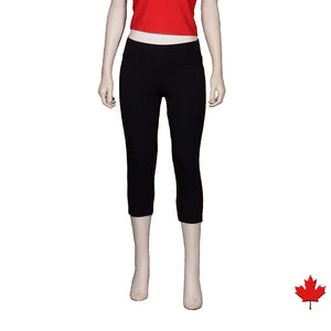 Eve 3/4 Bamboo Leggings are super soft, luxurious and moisture wicking. With a Yoga waistband and a single seam for comfort, they are great for work rest or play. The most comfortable leggings you will ever own.  Proudly made in Canada 92% Rayon from Bamboo, 8% Spandex ECO-ESSENTIALS Colour Black