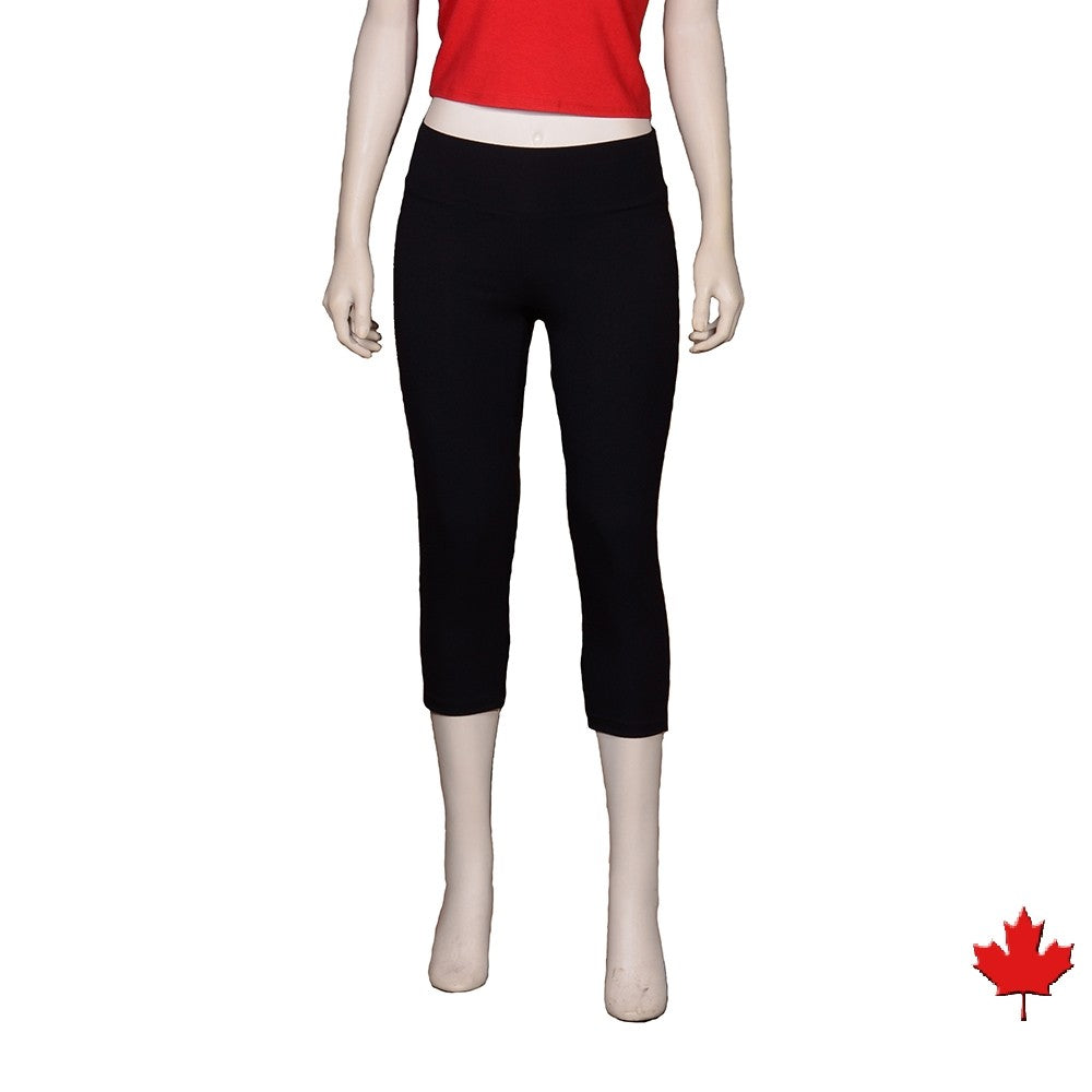 Eve 3/4 Bamboo Leggings are super soft, luxurious and moisture wicking. With a Yoga waistband and a single seam for comfort, they are great for work rest or play. The most comfortable leggings you will ever own.  Proudly made in Canada 92% Rayon from Bamboo, 8% Spandex ECO-ESSENTIALS Colour Black