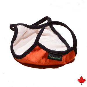 Homemade style Eco-friendly Hemp Mask, double layered, breathable, moisture wicking, washable and lots of colours to choose from. Proudly Made in Canada Fabrication: 55% Hemp 45% Organic Cotton String 92% bamboo 8% Spandex ECO-ESSENTIALS  Colour Orange